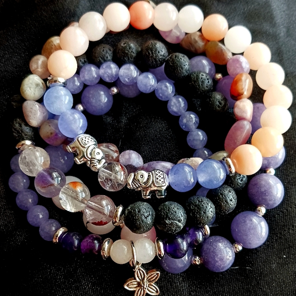 Charoite Lava Stone Jade Opal Elephant gemstone stretch charm bracelets set